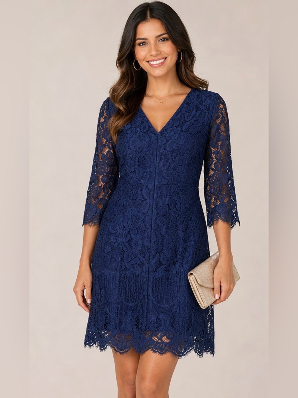 V-Neck Navy Lace Midi Dress with Three-Quarter Sleeves